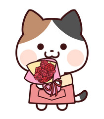 カーネーションの花束を持つエプロンをした三毛猫