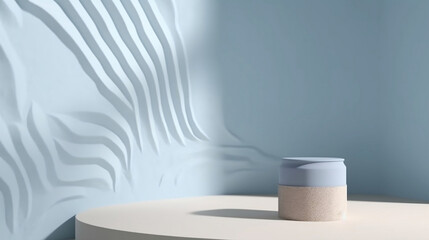 Blank powder blue cement curve counter podium with texture, soft beautiful dappled sunlight, leaf shadow on white wall for luxury organic cosmetic, skincare, beauty treatment product background 3D