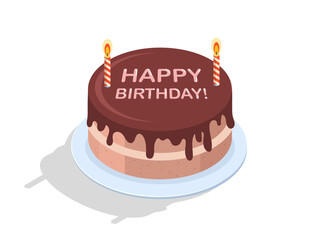 Chocolate cake happy birthday concept. Bakery or pastry with candles. Annual event, holiday and festival. Template, layout and mock up. Cartoon isometric vector illustration