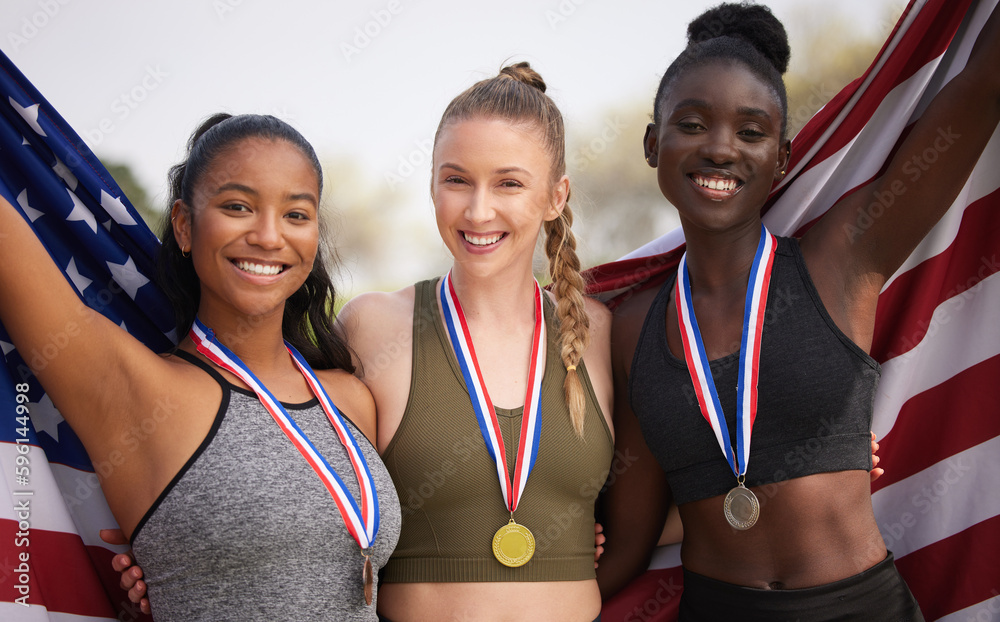 Wall mural Win together, lose together. Cropped portrait of three attractive young female athletes celebrating their countries victory.