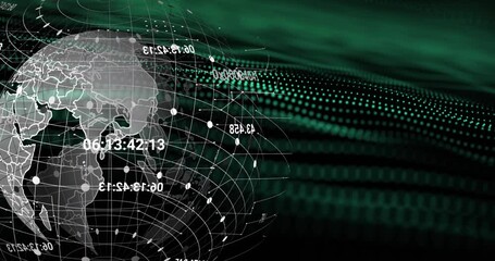 Animation of data processing over spinning globe and green digital wave against black background - Powered by Adobe