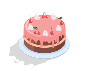 Cake in pink icing with cherry. Berries, sweets and whipped cream. Event, holiday and festival. Birthday or wedding. Template, layout and mock up. Cartoon isometric vector illustration