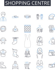Shopping centre line icons collection. Retail complex, Marketplace, Mall plaza, Trade center, Bazaar hub, Mercantile district, Commercial enclave vector and linear illustration. Pedestrian arcade