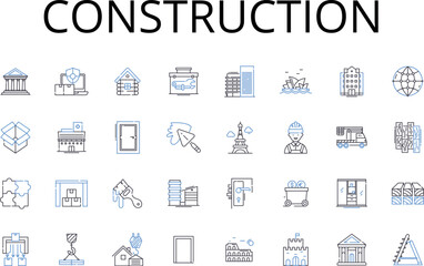 Construction line icons collection. Building, Fabrication, Manufacturing, Development, Assembly, Creation, Formation vector and linear illustration. Erection,Production,Design outline signs set