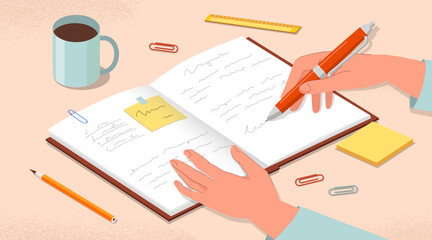 Personal diary concept. Woman writes goals in notebook, thoughts and memories with pen. Motivation and organization of work or educational process. Cartoon flat vector illustration