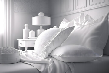 Fototapeta na wymiar White pillows on the bed in a luxurious hotel. Neural network AI generated art