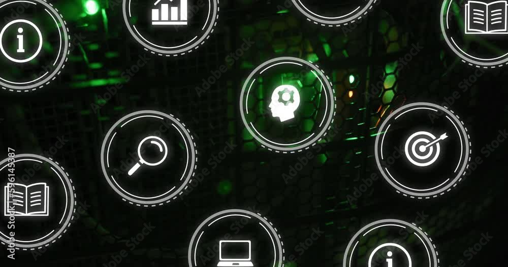 Poster animation of multiple digital icons against close up of a computer server