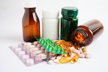 Drug capsule pill from drug prescription in drugstore, pharmacy for treatment health medicine.