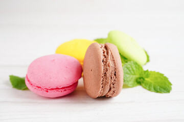 Macaron or french macaroon dessert, cake and cookies on the celebrated birthday.