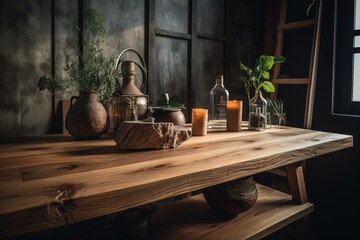 Vacant wooden table for showcasing products. Generative AI