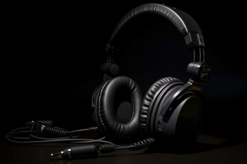 Fototapeta na wymiar Black studio microphone and headphones on black background for radio, sound work, and podcasts. Banner. Generative AI