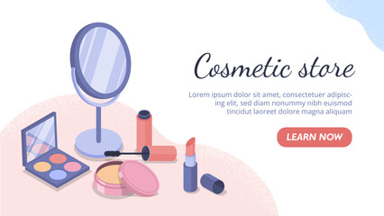 Isometric cosmetic banner. Powder, foundation, mascara and eyebrows and lipstick near mirror. Beauty, aesthetics and elegance, makeup. Landing page design. Cartoon vector illustration