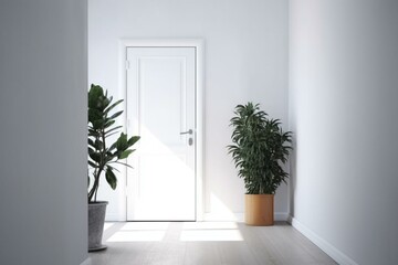 Scandi style decor - wooden door, white space, indoor plants. Generative AI