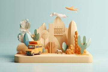 Illustration of minimal style podium with summer and travel theme in 3D render cartoon. Generative AI