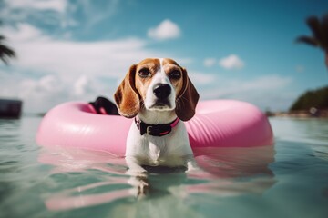 Sunny Side Up: A Cute Beagle Lounging on a Beach Float with Shades - Generative AI