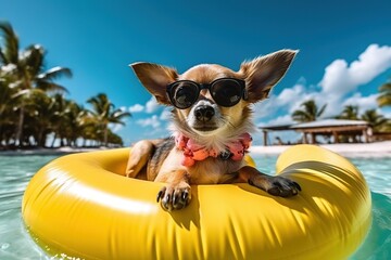 Chihuahua Chillax: A Fun Stock Photo of a Dog in Sunglasses on a Beach Float - Generative AI