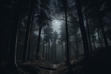 A dark night with tall trees and a mysterious atmosphere. Generative AI