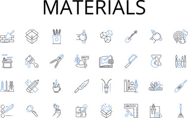 Materials line icons collection. Comestibles, Ingredients, Elements, Compnts, Resources, Substances, Stuff vector and linear illustration. Matter,Goods,Supplies outline signs set