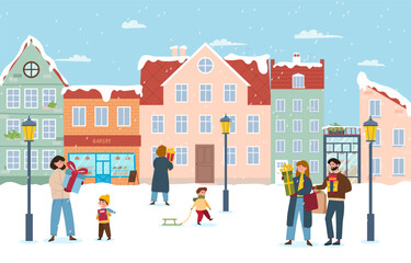 Winter town concept. Men and women with gifts and presents walk along snow covered streets near colorful buildings. New Year and Christmas, December and January. Cartoon flat vector illustration