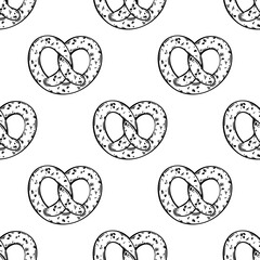 Pretzel seamless vector pattern. Delicious soft pastry with a crispy crust, salt, sesame seeds. Traditional German Oktoberfest bun. Food sketch. Background for packaging, wallpapers, posters, menu