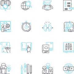 Web-based Training linear icons set. E-Learning, Online education, Distance learning, Virtual classroom, Interactive, Simulations, Collaboration line vector and concept signs. Multimedia,Gamification