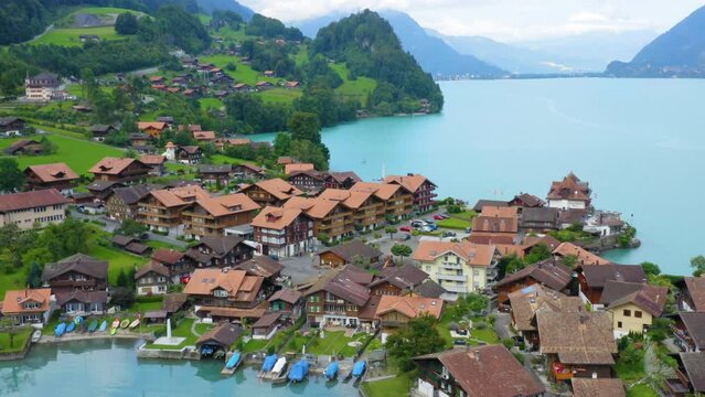 Aerial view of Iseltwald, a picturesque village on Lake Brienz (Brienzersee) in Switzerland on a summer day