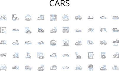 Cars line icons collection. Abundance, Wealth, Affluence, Opulence, Success, Riches, Prosperity vector and linear illustration. Fortune,Boom,Growth outline signs set