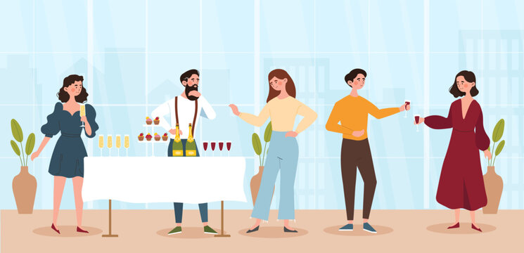Mass event banquet concept. Man and woman standing near table with alcoholic drinks in glass glasses and food. Party and festival. People drinknig wine or champagne. Cartoon flat vector illustration