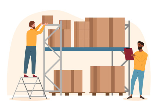 Logistic And Delivery Service Concept. Men In Warehouse Check Goods, Take Inventory And Put Boxes On Shelves. Online Shopping And Express Home Delivery, Trade. Cartoon Flat Vector Illustration