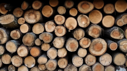 Sawn-off logs are stacked on top of each other. wood industry Generative AI - obrazy, fototapety, plakaty