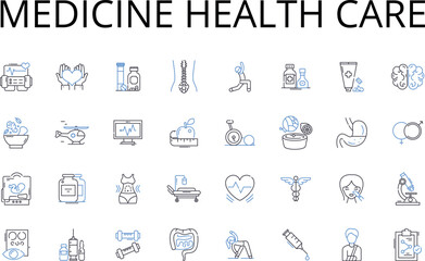 Medicine health care line icons collection. Healthcare, Pharmaceuticals, Nursing, Physicians, Surgery, Therapy, Pharmaceuticals vector and linear illustration. Psychiatry,Dentistry,Rehabilitation