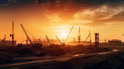 a large construction site with many cranes at sunset or sunrise. Generative AI