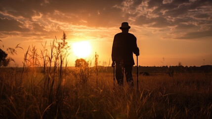 a silhouette of an old man with crutches in a field at sunset. Generative AI