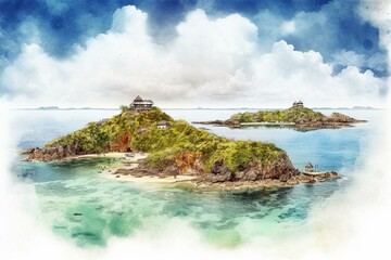 Illustration of Minnajima island in Okinawa, Japan with watercolor painting style. Generative AI