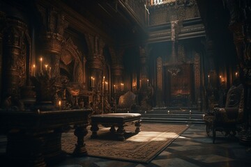Fototapeta na wymiar Realistic dark fantasy palace interior with golden accents, creating a fictional backdrop. Concept art for film or game design. Generative AI