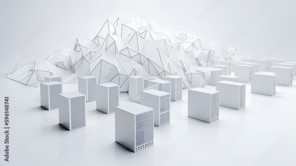 Fototapete Polygonal Data Haven: Minimalist Server Farm Design on a White Stage in 8K created with generative AI technology