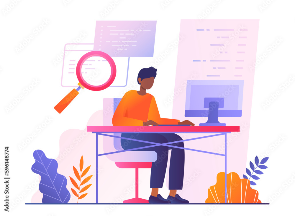 Poster quality tester concept. man sits at workplace looking for errors in code and evaluates programs and 