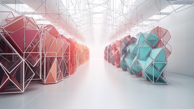 Polygonal Data Haven: Minimalist Server Farm Design on a White Stage in 8K created with generative AI technology
