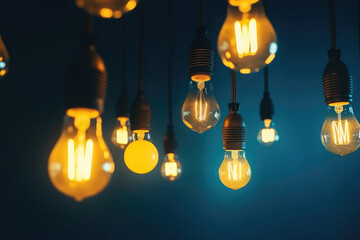 Minimal concept idea, flat lay, top view of yellow light bulbs hanging against a blue background and each glowing with a unique theme, generative AI