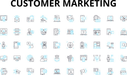 Customer Marketing linear icons set. Retention, Engagement, Loyalty, Feedback, Segmentation, Advocacy, Personalization vector symbols and line concept signs. Upselling,Cross-selling,Acquisition