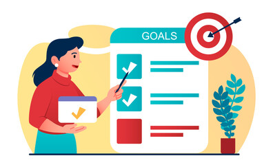 Personal goals concept. Woman standing near to do list. Girl notes completed tasks. Leadership and motivation, development and organization of effective workflow. Cartoon flat vector illustration