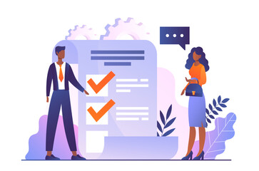 Job interview concept. Woman evaluates mans portfolio. Candidate for vacancy and HR manager, recruitment to company, staff expansion. CV or resume. Cartoon flat vector illustration