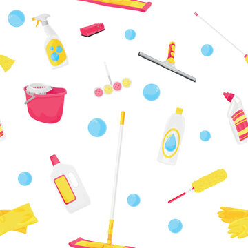Many housecleaning supplies on white background. Pattern for design
