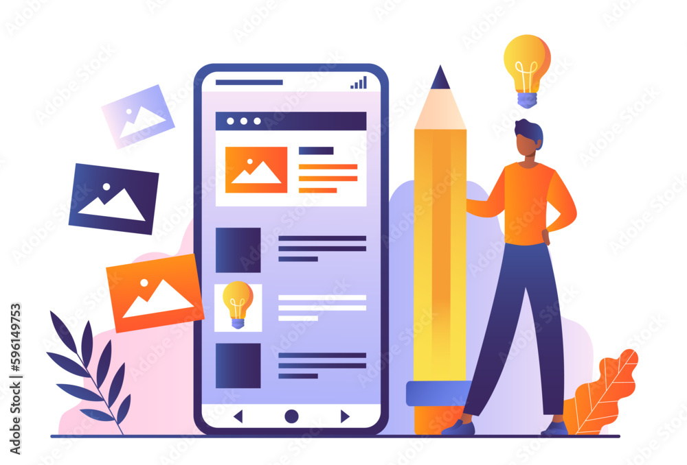 Wall mural designer with phone. man with large pencil stands near screen of smartphone and develops design for 
