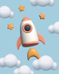 3d rocket stars and clouds set toy cartoon flying spaceship three dimensional vector illustration