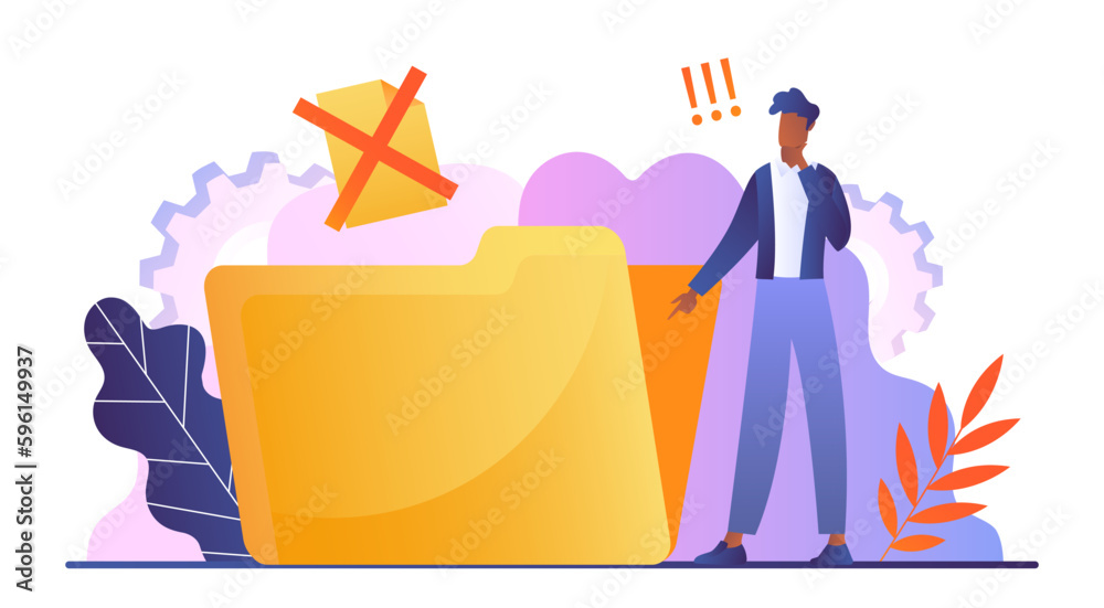 Poster deleted files concept. man stands near large folder with red cross. managing data and information on