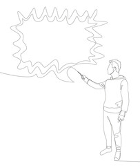 One continuous line of Man pointing with finger at empty Speech Bubble. Thin Line Illustration vector concept. Contour Drawing Creative ideas.