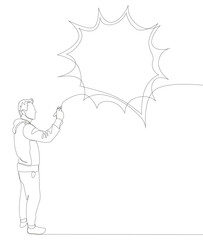 Fototapeta premium One continuous line of Man pointing with finger at empty Speech Bubble. Thin Line Illustration vector concept. Contour Drawing Creative ideas.
