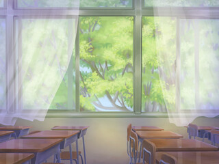 カーテンのある窓から木が見える教室