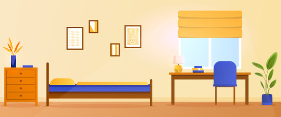 Modern bedroom interior. Bed and table with lamp by window and wall with abstract paintings. Set of elegant furniture. Cozy and comfortable room. Cartoon flat vector illustration